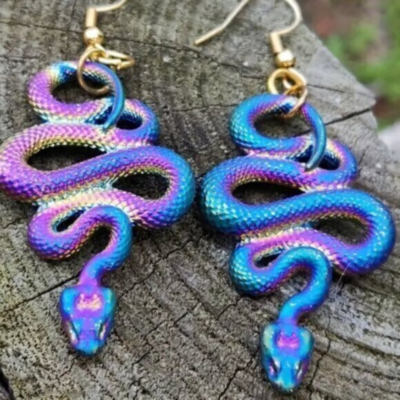 Colorful Snake Design Dangle Earrings, Gothic Punk Style - Picture 1 of 2